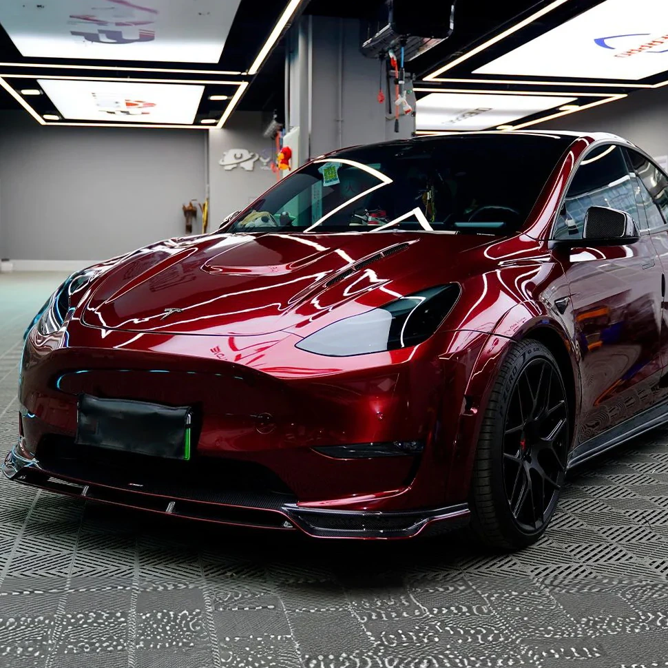 Dragon blood red tesla wrap car